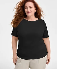 Style & Co Plus Boat-Neck Elbow Sleeve Cotton Top