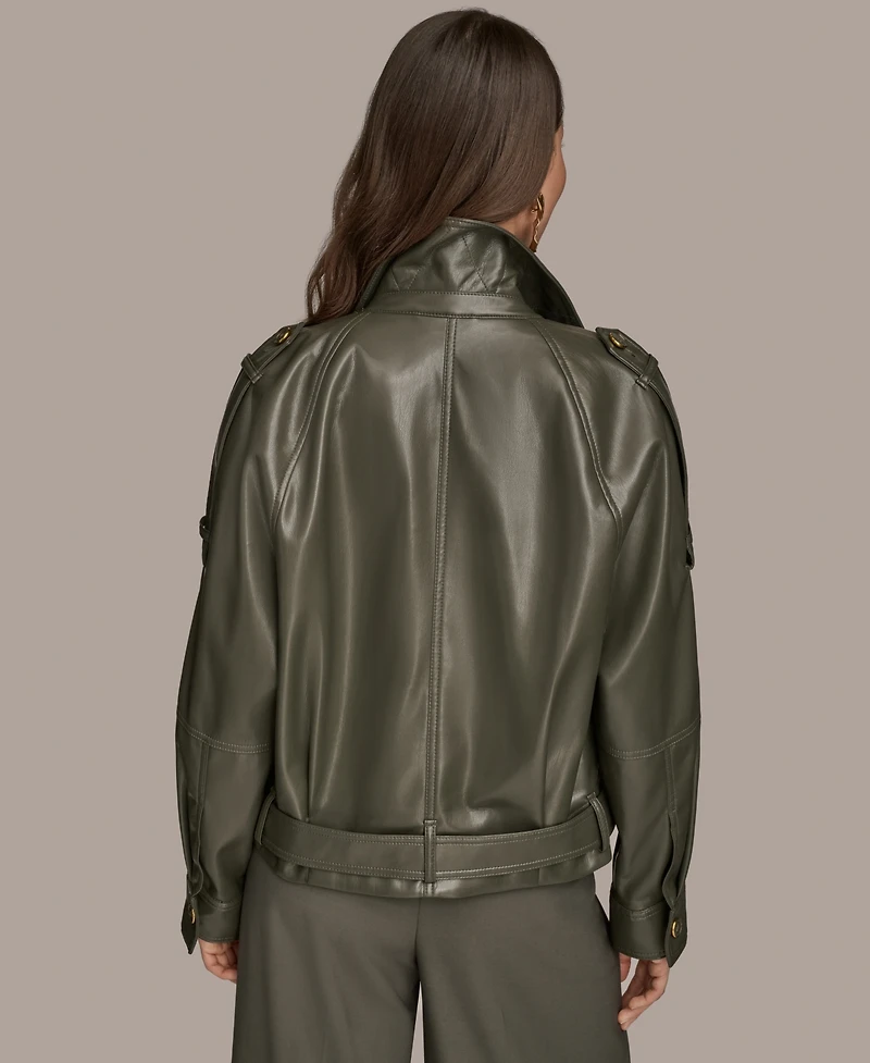 Donna Karan New York Women's Faux-Leather Zip-Front Belted Jacket