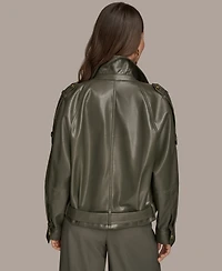 Donna Karan New York Women's Faux-Leather Zip-Front Belted Jacket