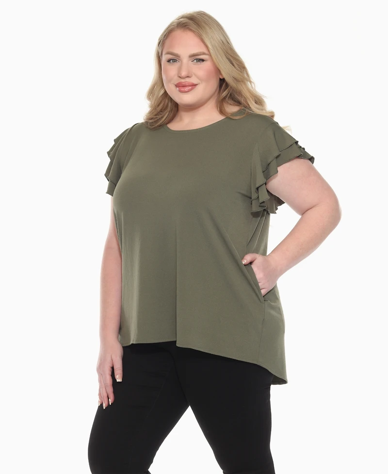 White Mark Plus Ruffled Sleeve Solid Top