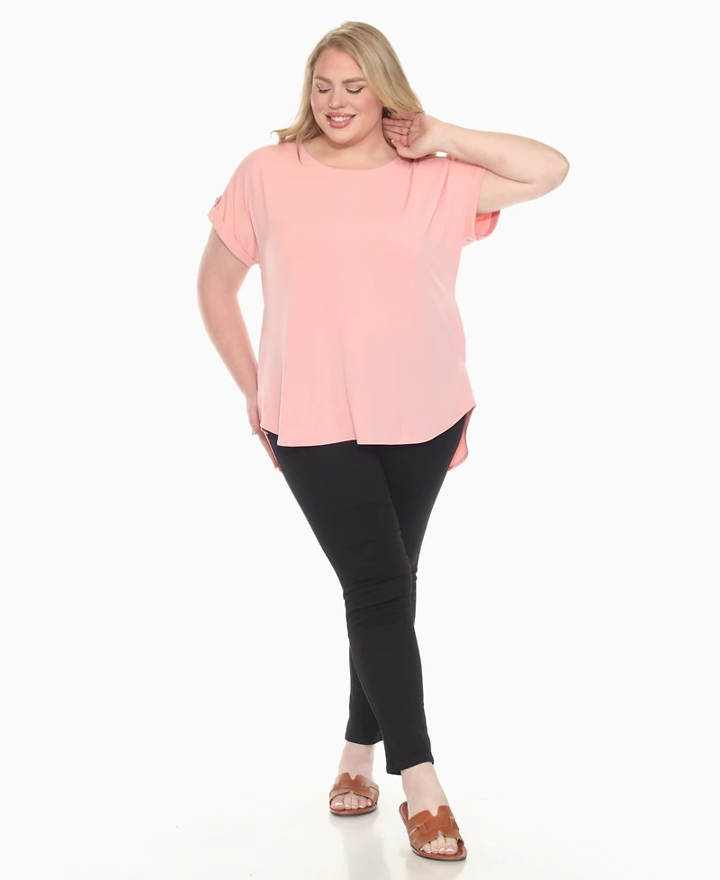 White Mark Plus Folded Short Sleeve Solid Top