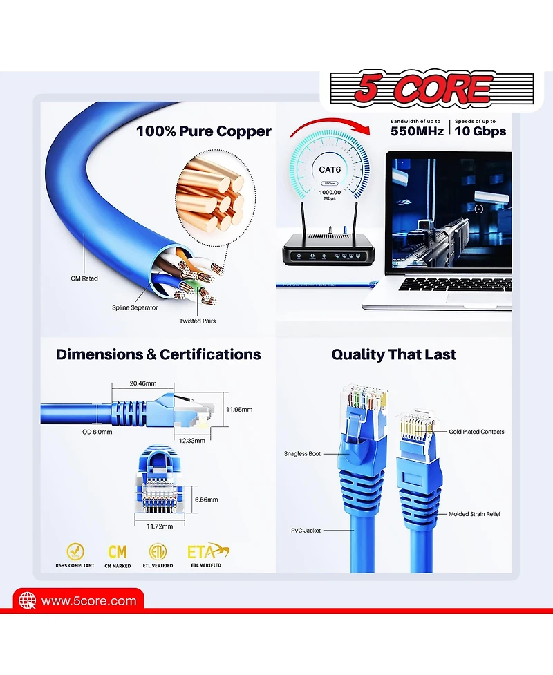 5 Core Cat 6 Ethernet Cable Long Computer Internet Cables WiFi RJ45 Cord for Gaming