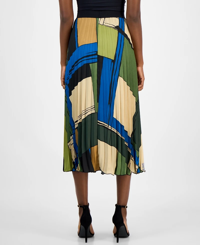 T Tahari Women's Printed Pleated Flared Midi Skirt
