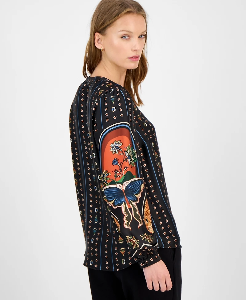 T Tahari Women's Printed Split-Neck Blouse