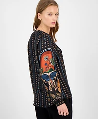 T Tahari Women's Printed Split-Neck Blouse
