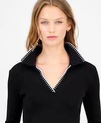 T Tahari Women's Ribbed-Knit Polo Top