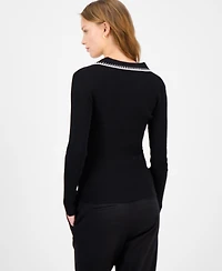 T Tahari Women's Ribbed-Knit Polo Top