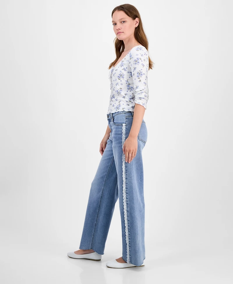 Tinseltown Juniors' Mid-Rise Lace-Seamed Baggy Jeans