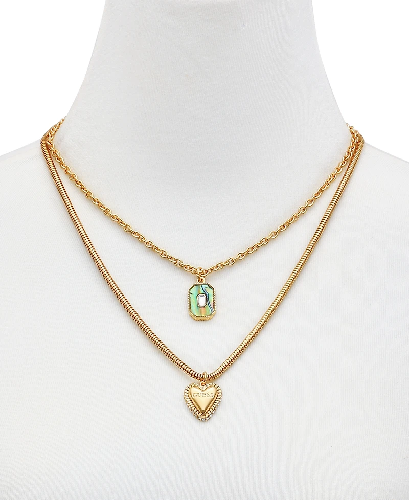Guess Gold-Tone Mixed Stone Heart Layered Pendant Necklace, 18" + 2" extender