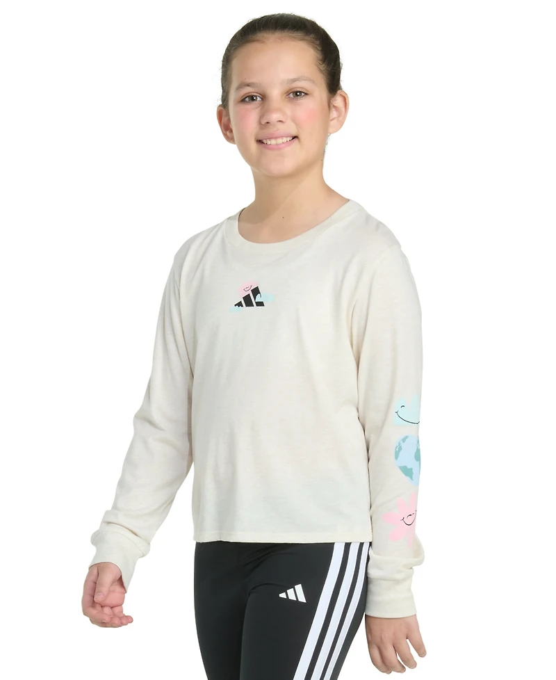 adidas Big Girls Long-Sleeve Regular-Fit Heather Logo Graphic T-Shirt