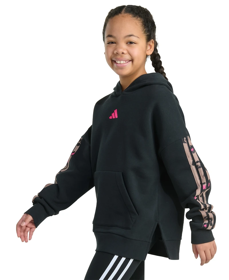 adidas Big Girls Long-Sleeve Printed 3-Stripes Slit Fleece Pullover Hoodie