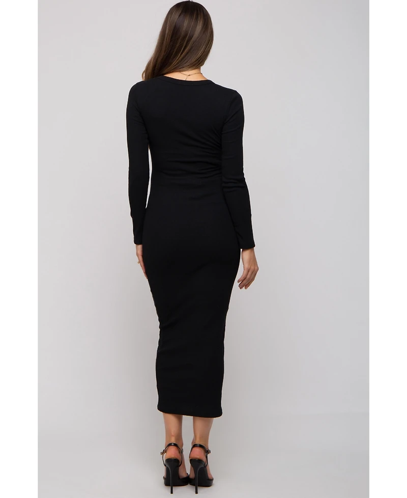 Pinkblush Maternity Black Ribbed Fitted Long Sleeve Midi Dress