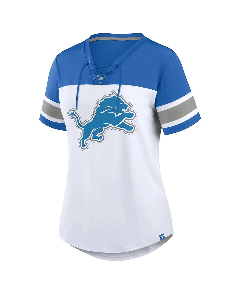Fanatics Women's White/Blue Detroit Lions Athena Rhinestone Lace-Up V-Neck T-Shirt