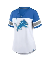 Fanatics Women's White/Blue Detroit Lions Athena Rhinestone Lace-Up V-Neck T-Shirt
