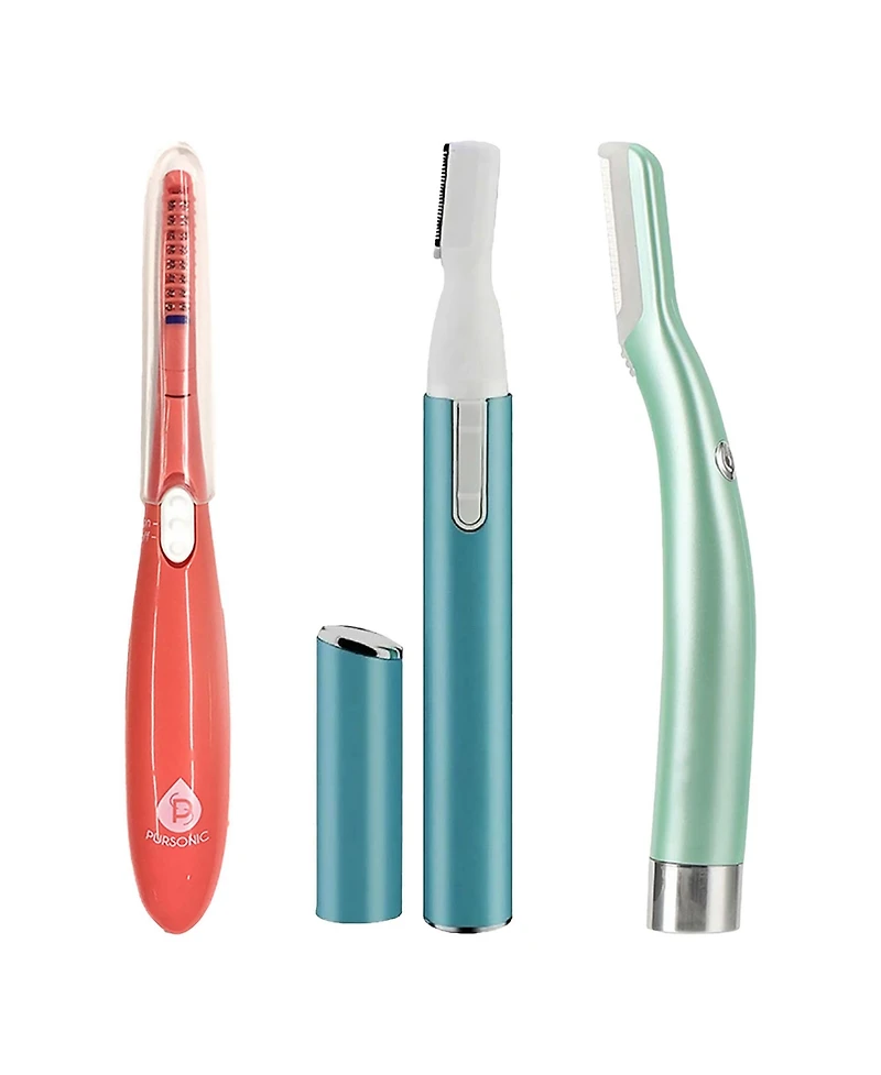 Pursonic Beauty Precision Bundle – Multi-Purpose Hair Trimmer, Heated Eyelash Curler & Dermaplaning Hair Remover Tool