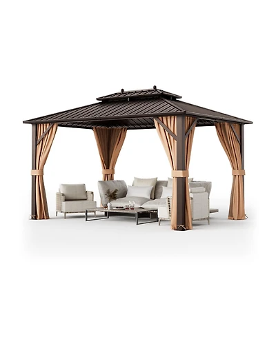 10 x 13 Feet Patio Hardtop Gazebo with Galvanized Steel Double Roof and Netting