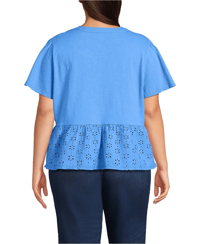 Lands' End Women's Plus Short Sleeve Mixed Media Eyelet Top