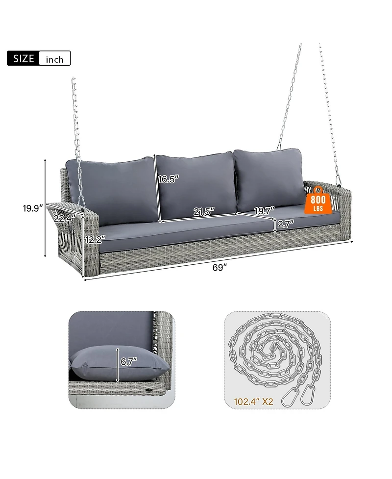69" Pe Wicker 3-Person Porch Swing with Cushions