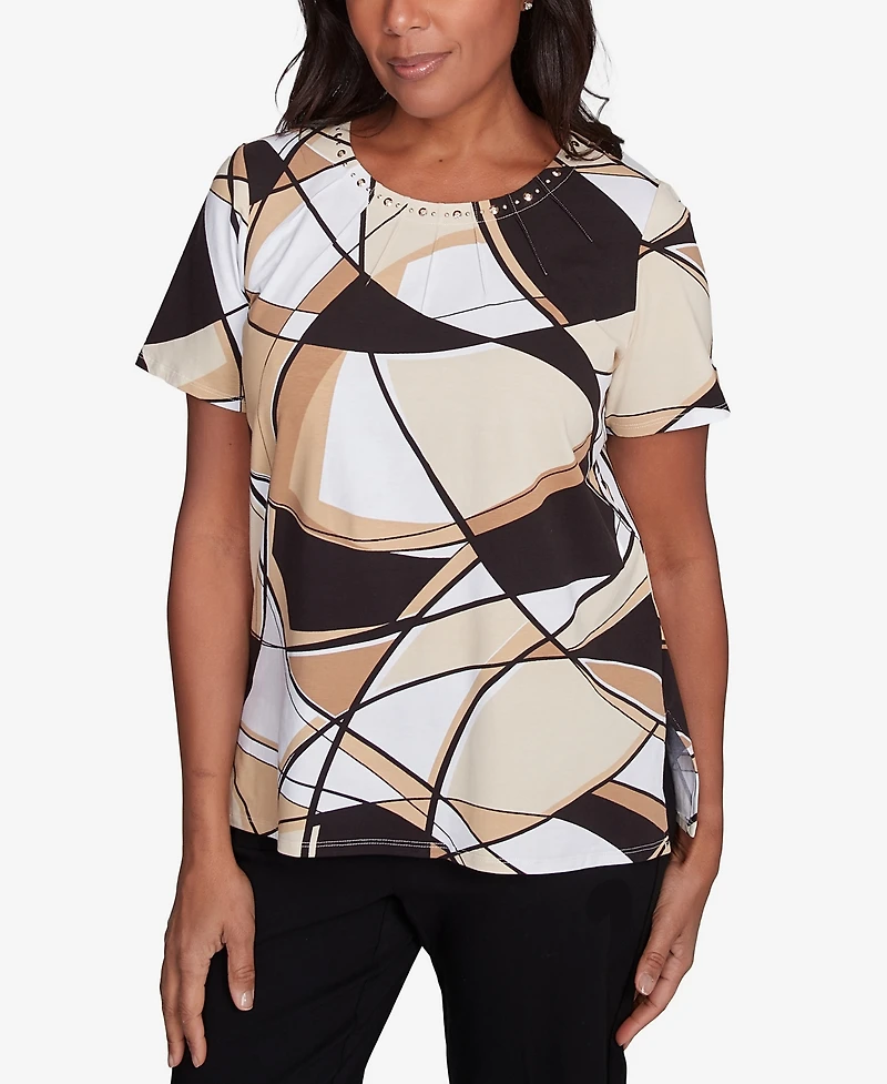 Alfred Dunner Petite Geometric Top with Detailed Neckline