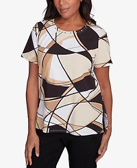 Alfred Dunner Petite Geometric Top with Detailed Neckline