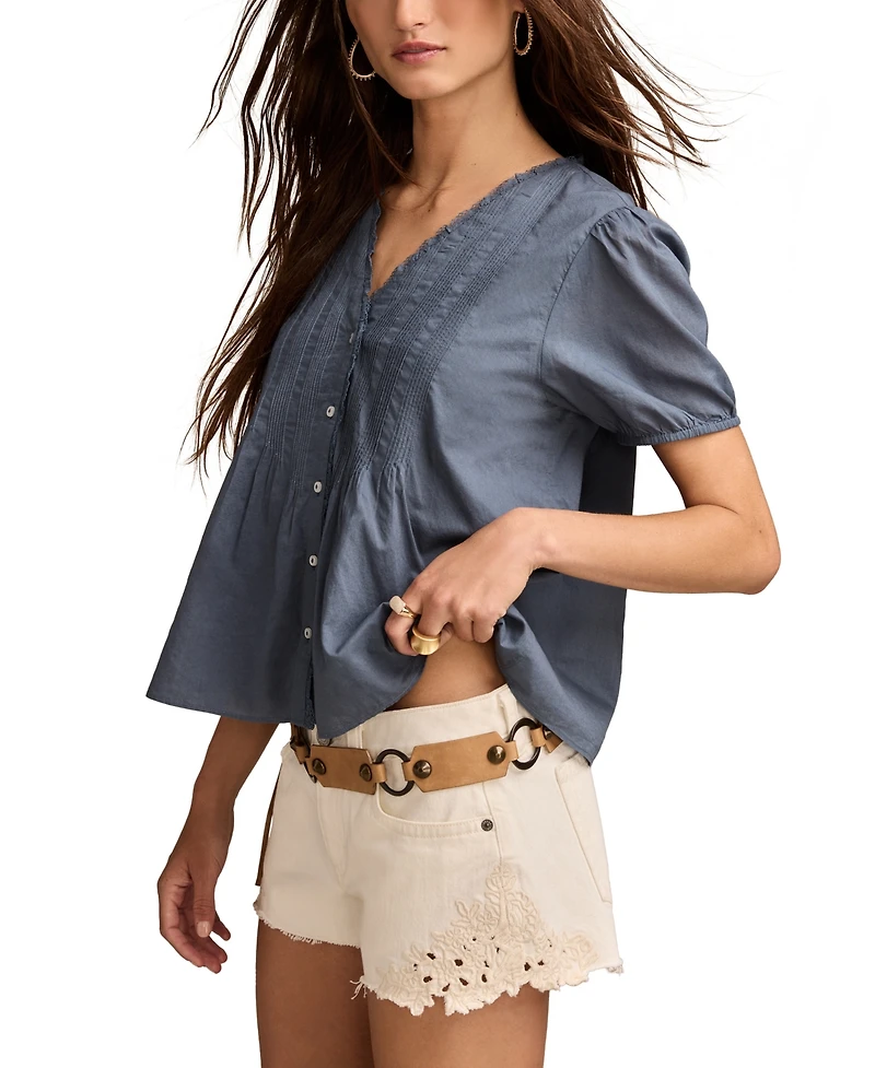 Lucky Brand Women's Cotton Short-Sleeve Pintuck Top