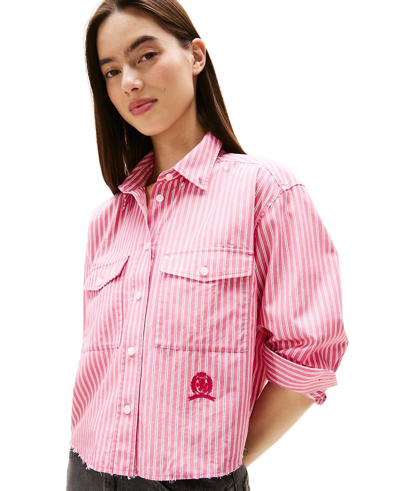 Tommy Jeans Women's Cotton Crop Button-Front Crest Shirt
