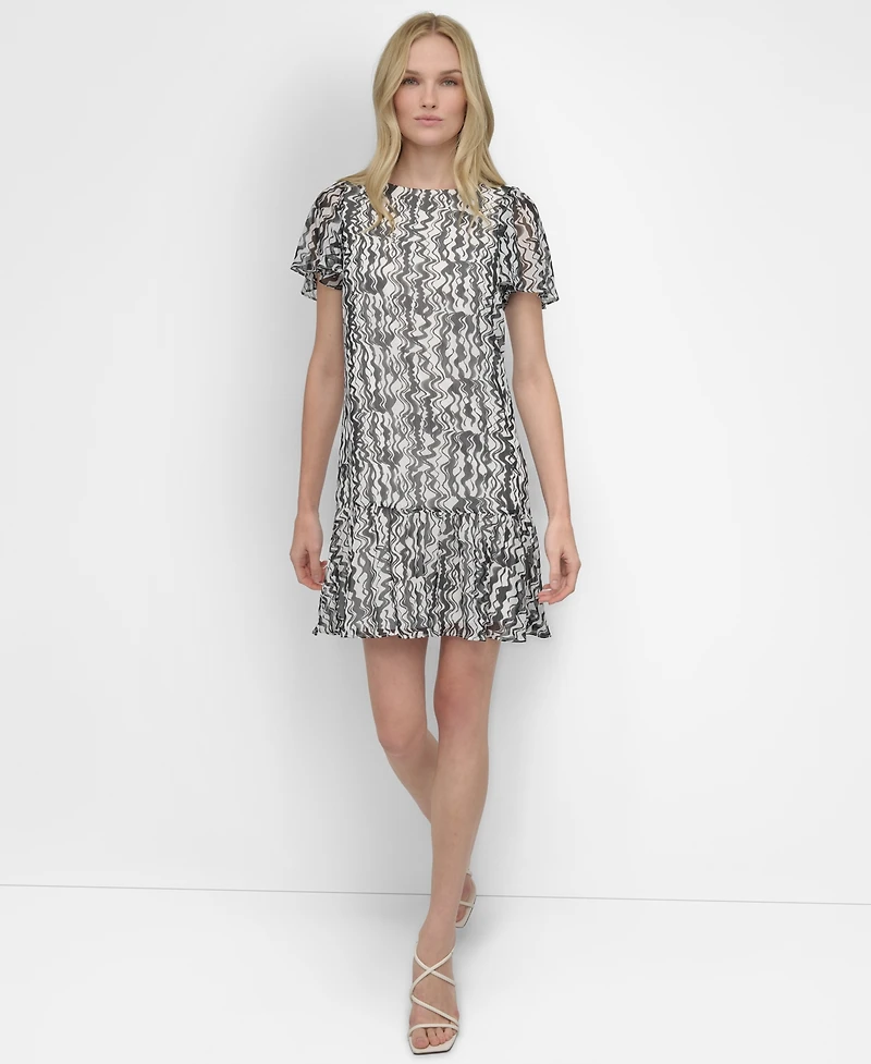 Dkny Women's Printed Flutter-Sleeve Trapeze Dress