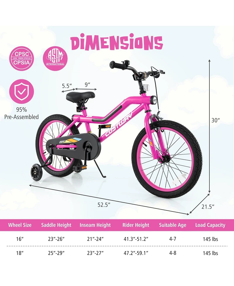 18 Inch Led Lighted Kids Bike with Training Wheels and Headlight for Ages 4-8 Years