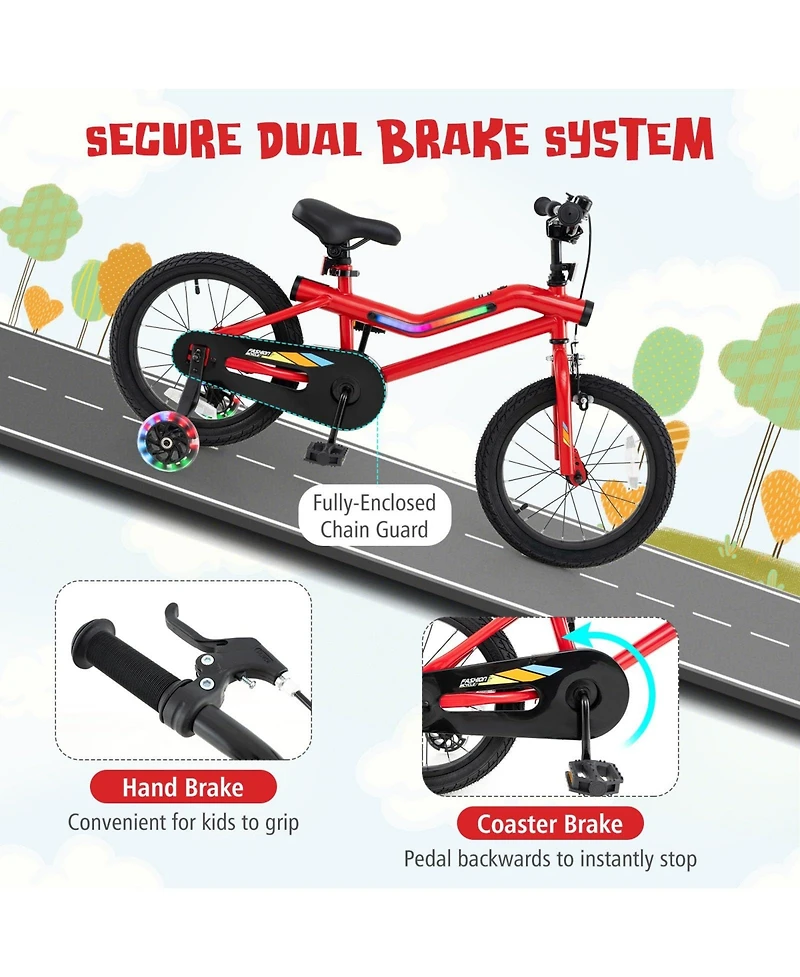 16 Inch Kids Bike with Led Lights Adjustable Carbon Steel Bicycle for 4-8 Years Old