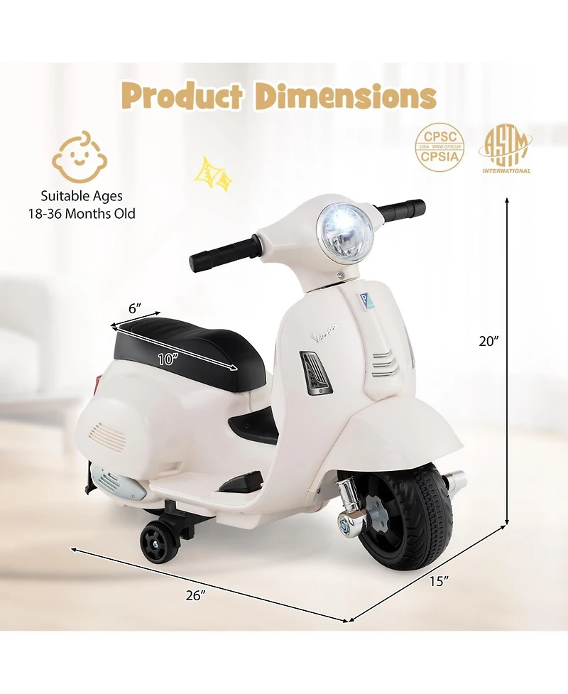 Licensed Vespa Kids Ride on Motorcycle with Led Headlight and Horn Sound