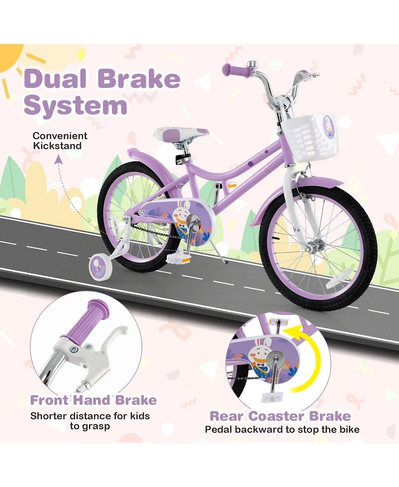 18 Inch Girl Bike with Basket with Detachable Training Wheels for 4-8 Years Old