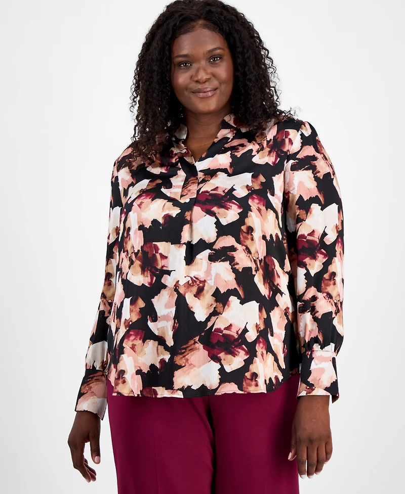 Anne Klein Plus Printed V-Neck Pleat-Front Blouse