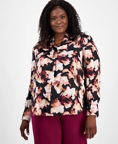 Anne Klein Plus Printed V-Neck Pleat-Front Blouse