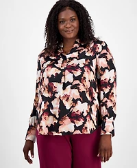 Anne Klein Plus Printed V-Neck Pleat-Front Blouse