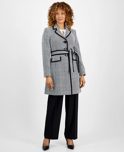 Le Suit Women's Framed Plaid Belted Wide-Leg Pantsuit