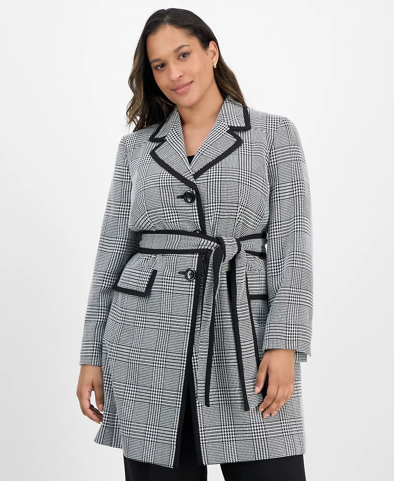 Le Suit Plus Framed Plaid Belted Wide-Leg Pantsuit