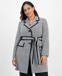 Le Suit Plus Framed Plaid Belted Wide-Leg Pantsuit