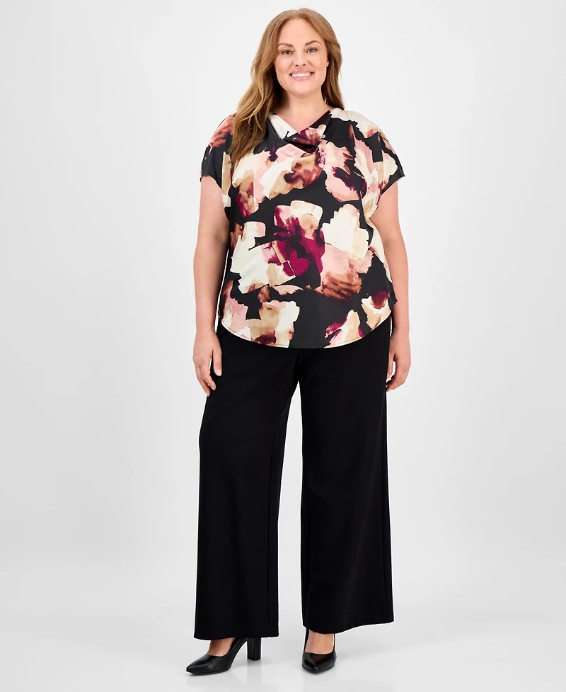 Anne Klein Plus Floral-Print Cowlneck Top