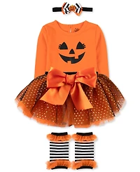 Baby Essentials Girls Halloween Pumpkin Bodysuit, Tutu, Headband & Legwarmers, 4 Piece Set