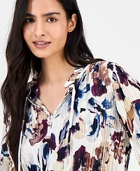 Anne Klein Women's Printed Pleated Split-Neck Blouse
