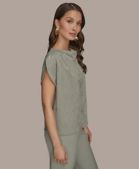 Donna Karan New York Women's Short-Sleeve Embroidered Sequined Top