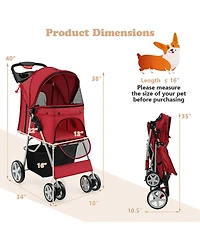 Gymax 4 Wheel Pet Stroller w/ Storage Basket & Tray Adjustable Canopy Pets