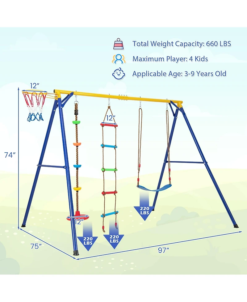 Gymax 4-in-1 Kids Swing Set Carbon Steel Swing Stand w/ Basketball Hoop Climbing Ladder