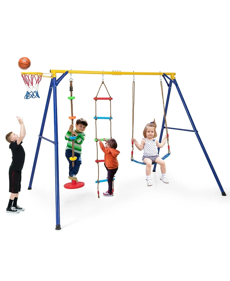 Gymax 4-in-1 Kids Swing Set Carbon Steel Swing Stand w/ Basketball Hoop Climbing Ladder