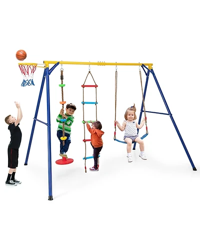 Gymax 4-in-1 Kids Swing Set Carbon Steel Swing Stand w/ Basketball Hoop Climbing Ladder