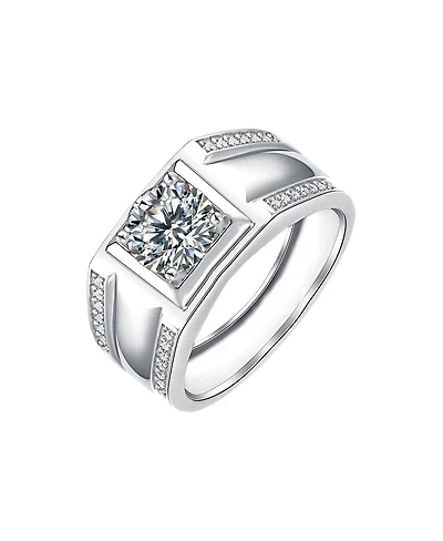 Rachel Glauber Men's Clear Cubic Zirconia Square-Cut Design with Pave-Accented Cz Adjustable Band Ring