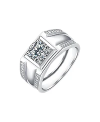 Rachel Glauber Men's Clear Cubic Zirconia Square-Cut Design with Pave-Accented Cz Adjustable Band Ring
