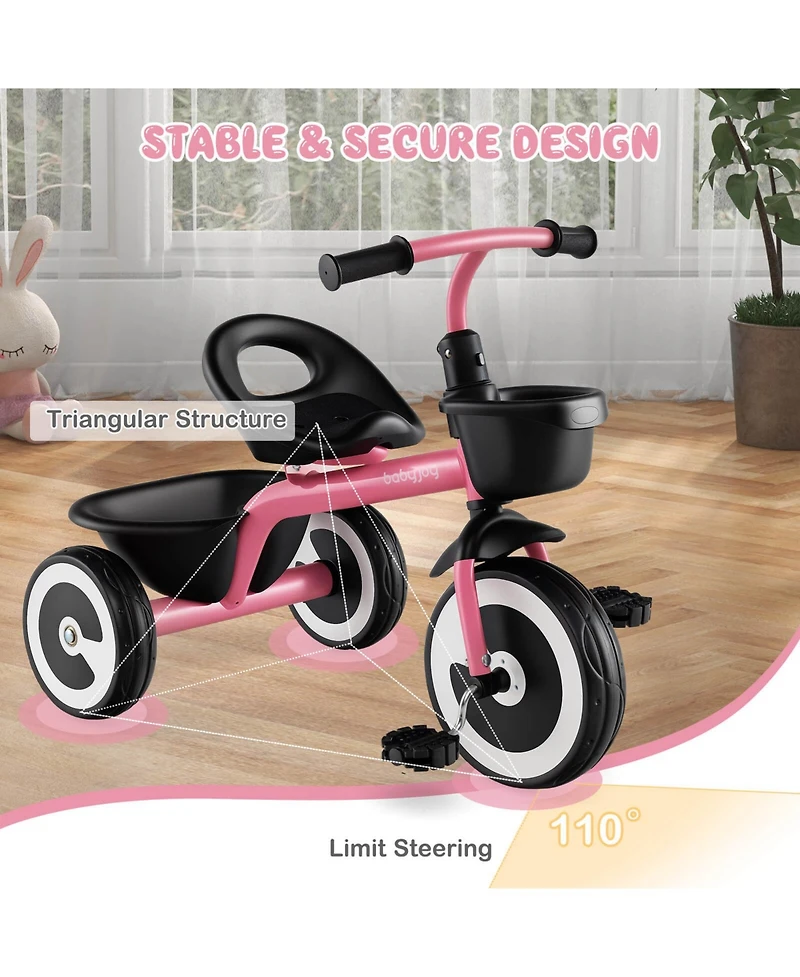 Toddler Tricycle Kids Trike with Adjustable Seat Front & Rear Storage Baskets