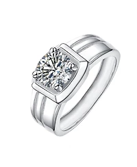 Men's Clear Cubic Zirconia with Four-Prong Setting Grooved Adjustable Band Ring