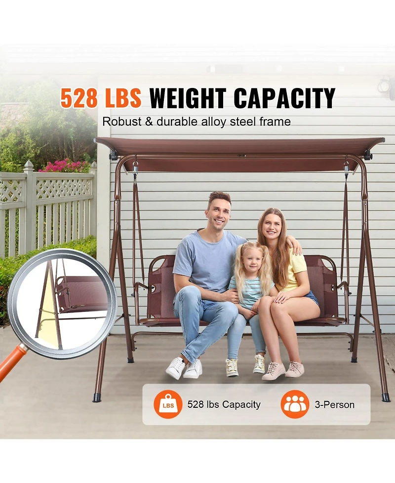 Slickblue 3 Person Outdoor Patio Swing Chair with Adjustable Canopy and Armrests for Backyard